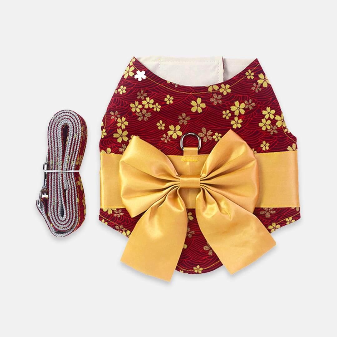 Red Kimono Cat Harness and Leash Set with Yellow Bow | MissyMoMo