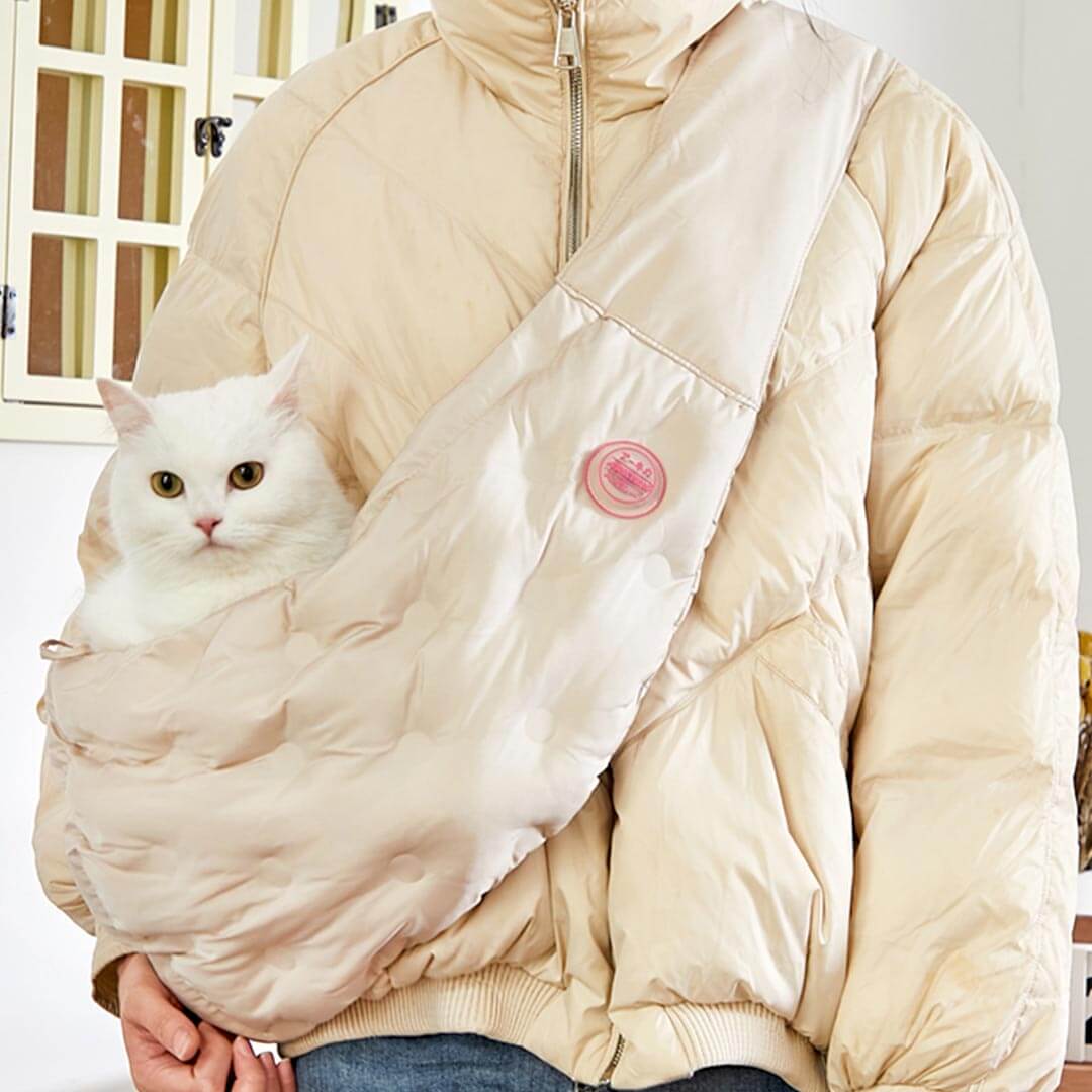 Person Carrying Cat in Beige Arkika Cat Sling Bag | MissyMoMo