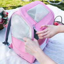 Load image into Gallery viewer, Unzipping Pocket of Pink Arkika Travel Cat Backpack | MissyMoMo

