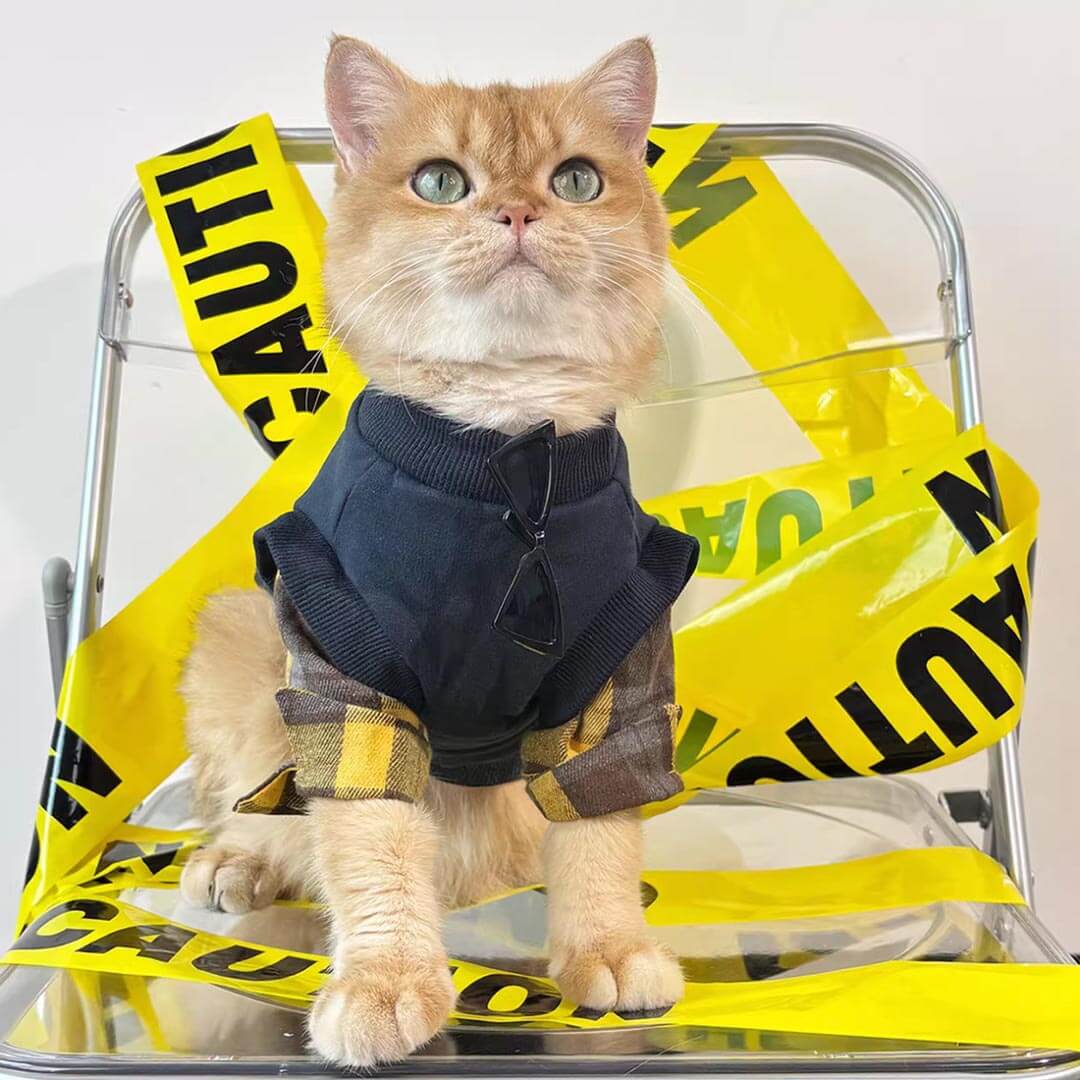 Cat Wearing Navy Sweatshirt | Plaid Sleeve Cat Outfit | MissyMoMo