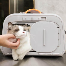 Load image into Gallery viewer, Petting Cat Inside Gray Castle Cat Carrier | MissyMoMo
