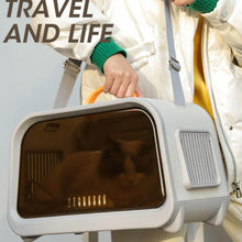 Load image into Gallery viewer, Carrying Grey Castle Cat Carrier by Handle | MissyMoMo
