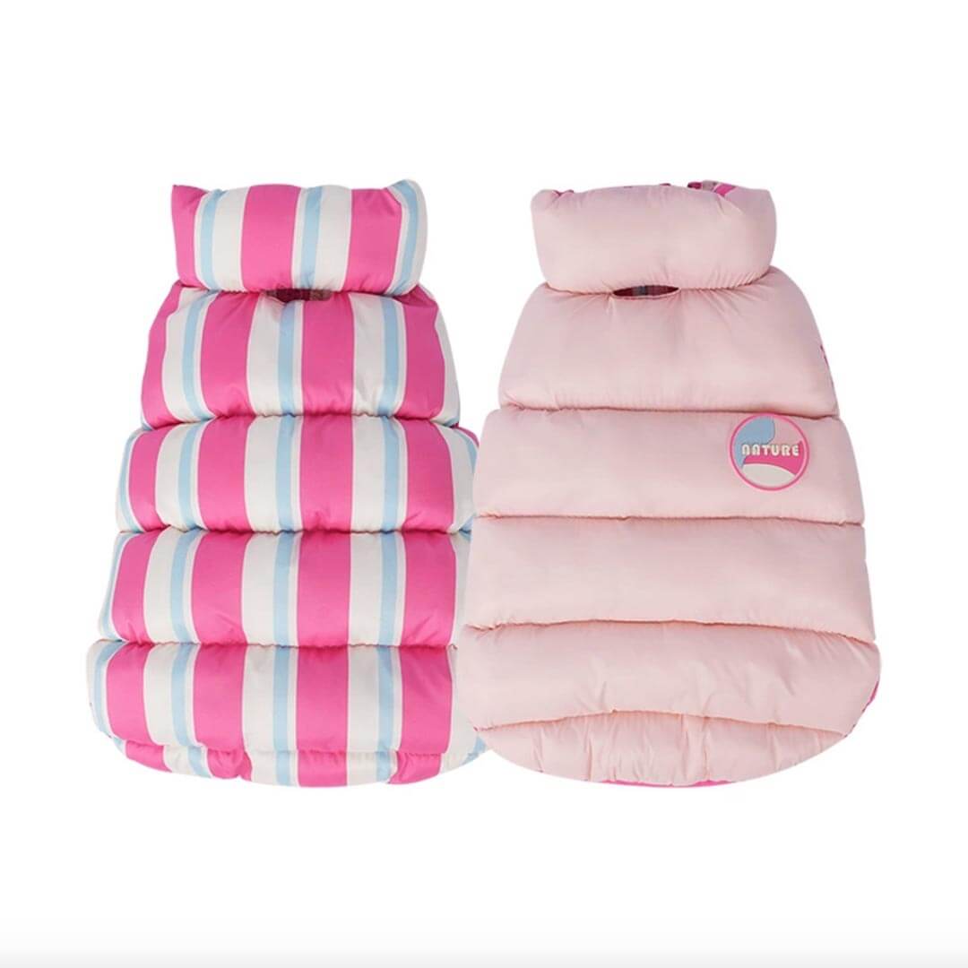 Pink Reversible Jacket for Cats | Striped & Solid Puffer Style | MissyMoMo