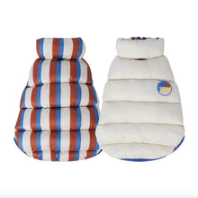 Load image into Gallery viewer, Cream Reversible Jacket for Cats | Striped &amp; Solid Puffer Style | MissyMoMo
