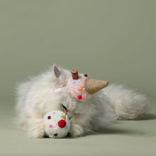 Load image into Gallery viewer, Cat Wearing Gelato Birthday Hat Playing with Ice Cream Catnip Toy | MissyMoMo
