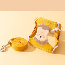 Load image into Gallery viewer, Lolly Cat Harness &amp; Leash Set In Yellow With Embroidered Lion Design | MissyMoMo
