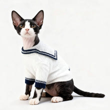 Load image into Gallery viewer, Hairless Cat in White Sailor Cat Cardigan | Nautical Cat Sweater | MissyMoMo
