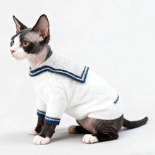 Load image into Gallery viewer, Hairless Cat in White Sailor Cat Cardigan | Nautical Cat Sweater | MissyMoMo
