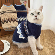 Load image into Gallery viewer, Fair Isle Navy Cat Sweater On Cat | Knitted Winter Cat Sweater | MissyMoMo
