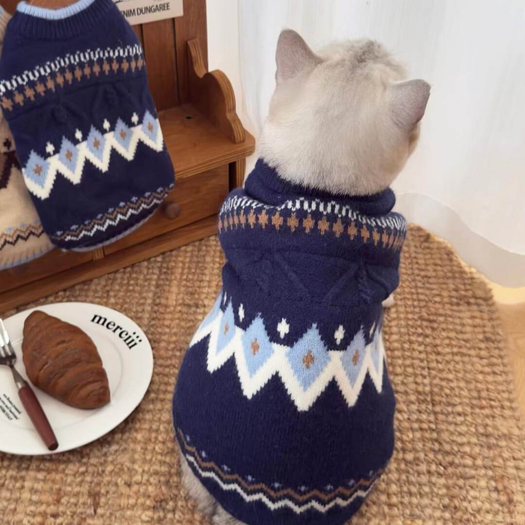 Cat Wearing Fair Isle Navy Cat Sweater | Winter Cat Sweater | MissyMoMo
