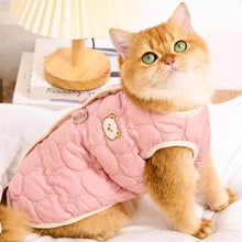 Load image into Gallery viewer, Cat Wearing Pink Quilted Jacket With Bear Detail | Cozy Cat Winter Outfit | MissyMoMo
