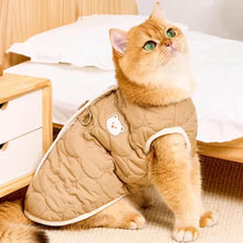 Load image into Gallery viewer, Cat Wearing Brown Quilted Jacket | Cozy Bear Patch Cat Outfit | MissyMoMo
