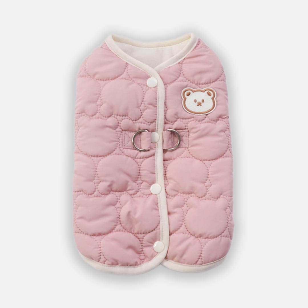 Pink Quilted Cat Jacket With Bear Patch | Soft Winter Cat Vest | MissyMoMo