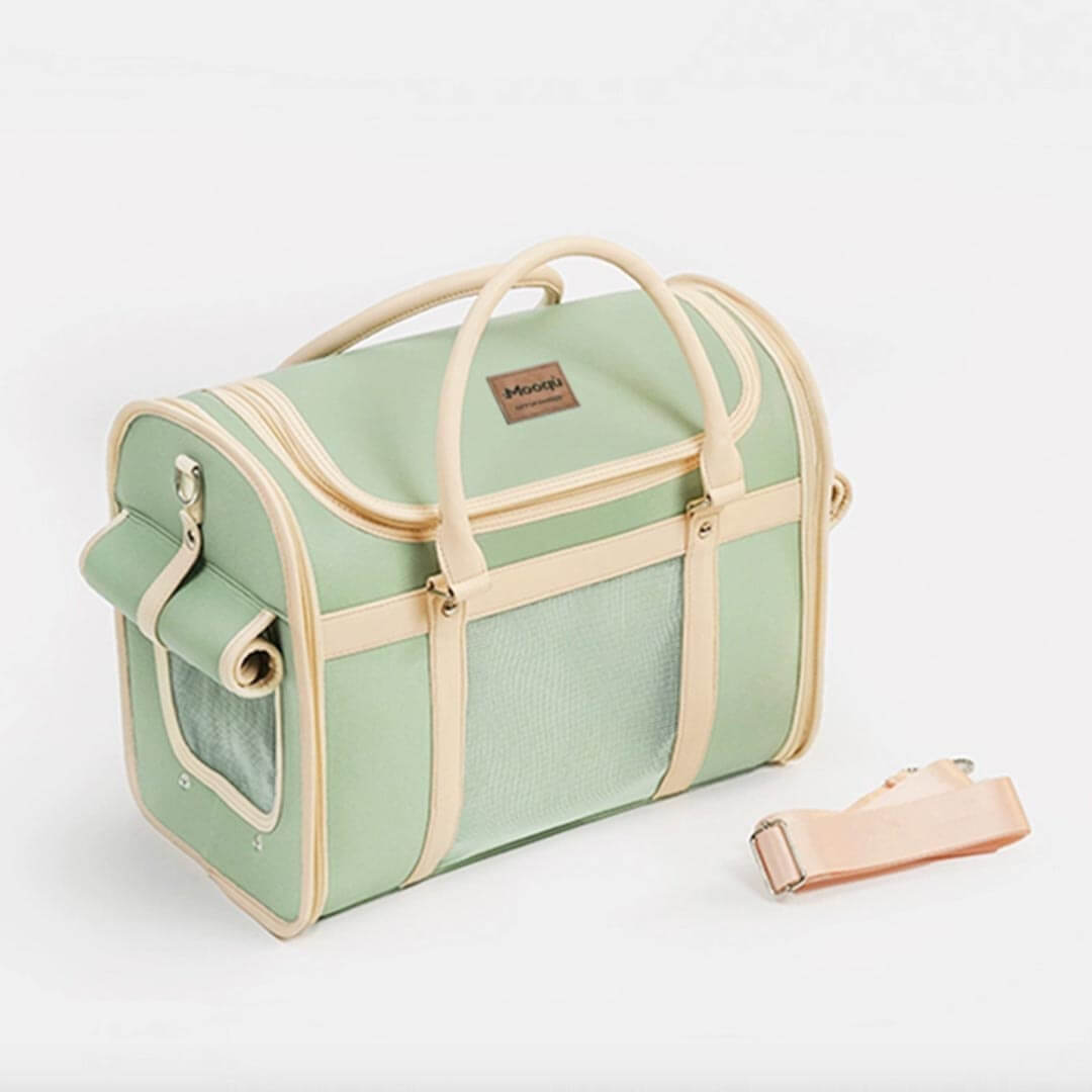 Vintage Green Leather Cat Carrier with Detachable Shoulder Strap | MissyMoMo