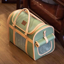 Load image into Gallery viewer, Cat Resting Comfortably Inside Vented Leather Cat Carrier | MissyMoMo
