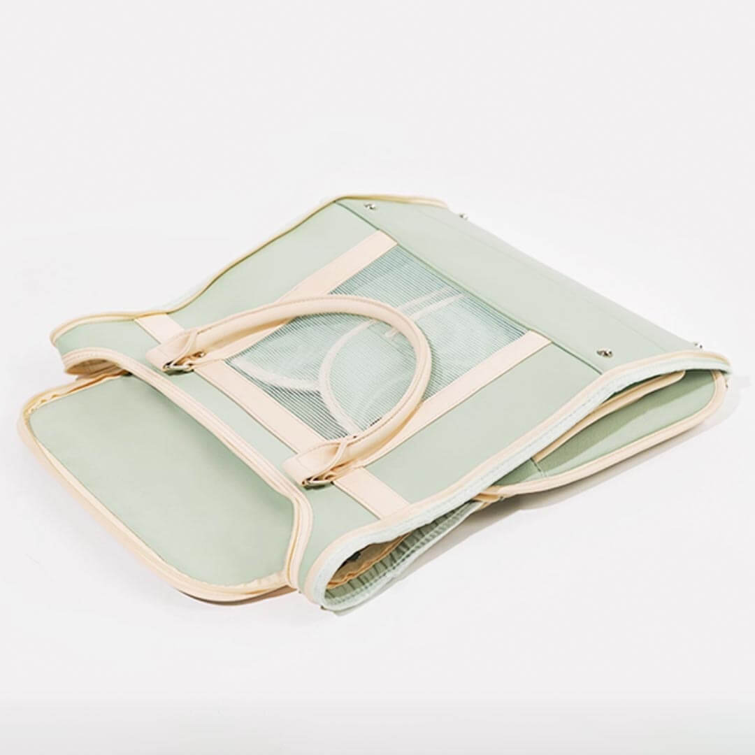 Foldable Cat Travel Carrier in Green Leather with Beige Trim | MissyMoMo