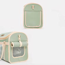 Load image into Gallery viewer, Roll-Up Privacy Flap of Green Leather Cat Carrier | MissyMoMo
