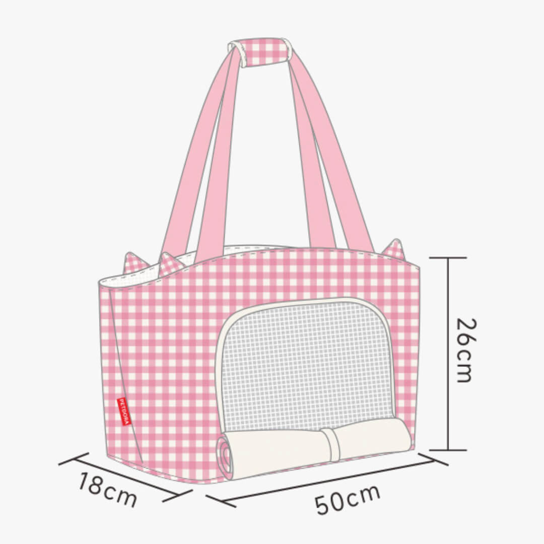 Dimensions of Pink Gingham Petdora Cat Carrier | MissyMoMo
