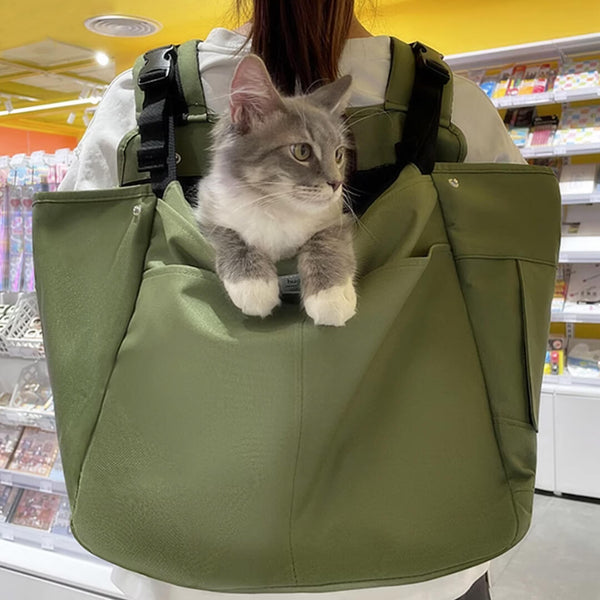 Cat Sitting Comfortably In Green Cuddle Carrier Backpack Worn On Back | MissyMoMo