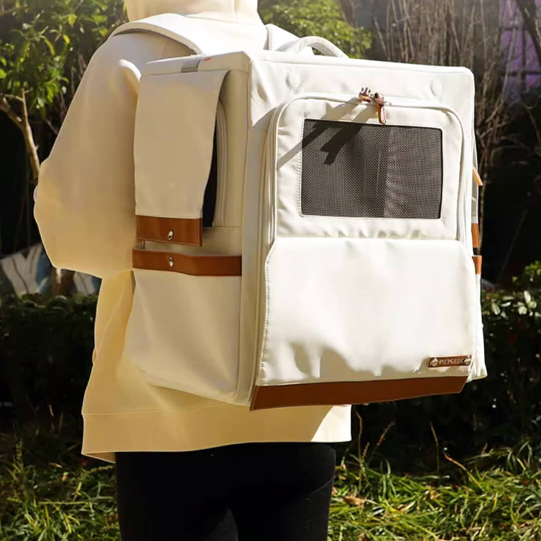 Carrying Beige Collapsible Leather Cat Backpack | MissyMoMo