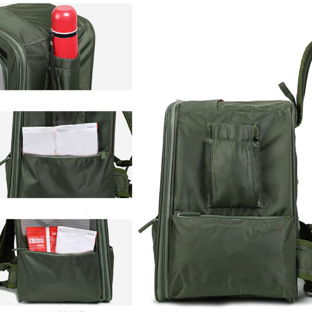 Olive Green Cat Backpack - Side View with Storage Pockets | MissyMoMo