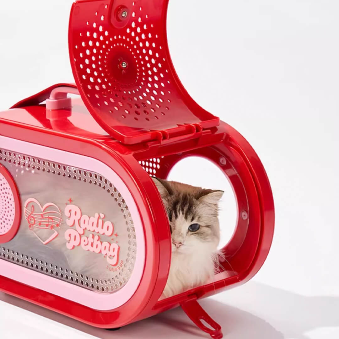 Cat Sitting in RadioMoMo Vintage Retro Red Hard Cat Carrier | MissyMoMo