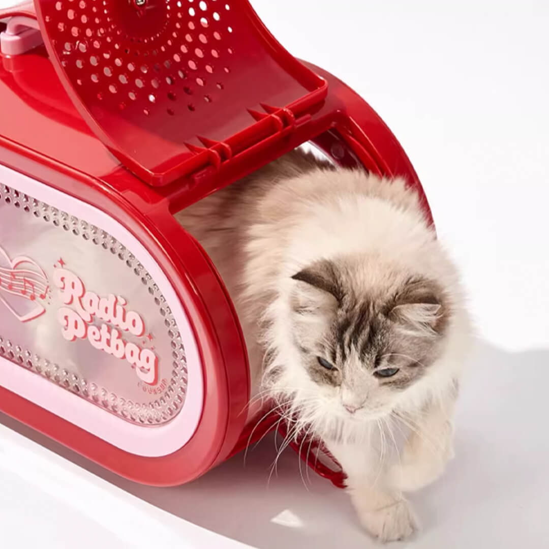Cat Exiting RadioMoMo Vintage Retro Red Hard Cat Carrier | MissyMoMo