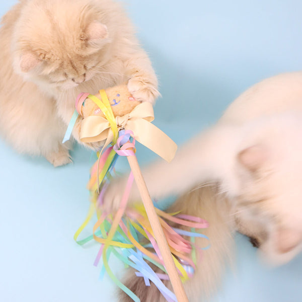 Cat Playing with Rainbow Ribbon Bear Cat Wand Toy | Cute Cat Toys | MiissyMoMo