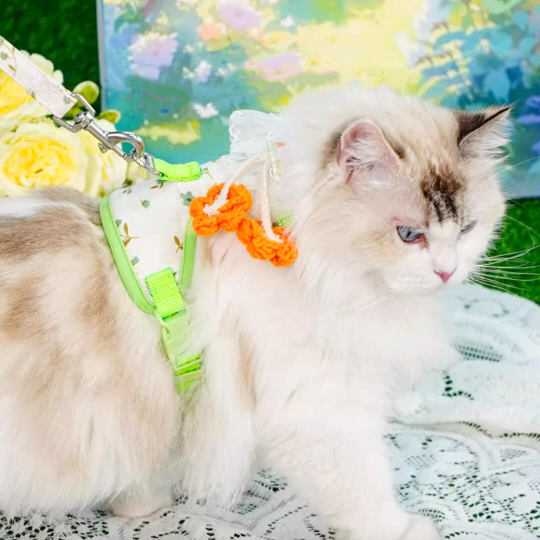 Cat in Green Floral H-Style Harness | MissyMoMo