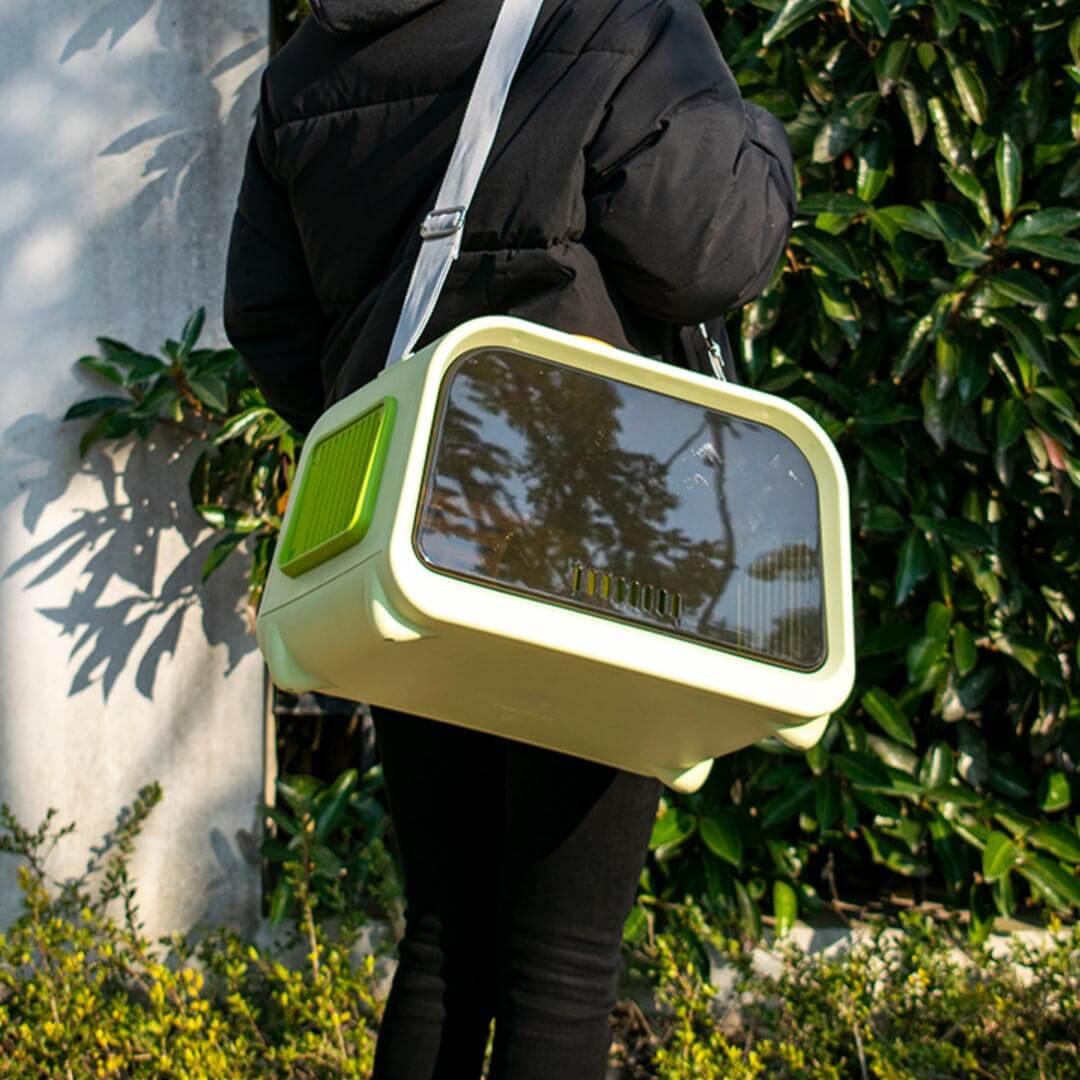  Wearing Green Castle Cat Carrier With Shoulder Strap | MissyMoMo