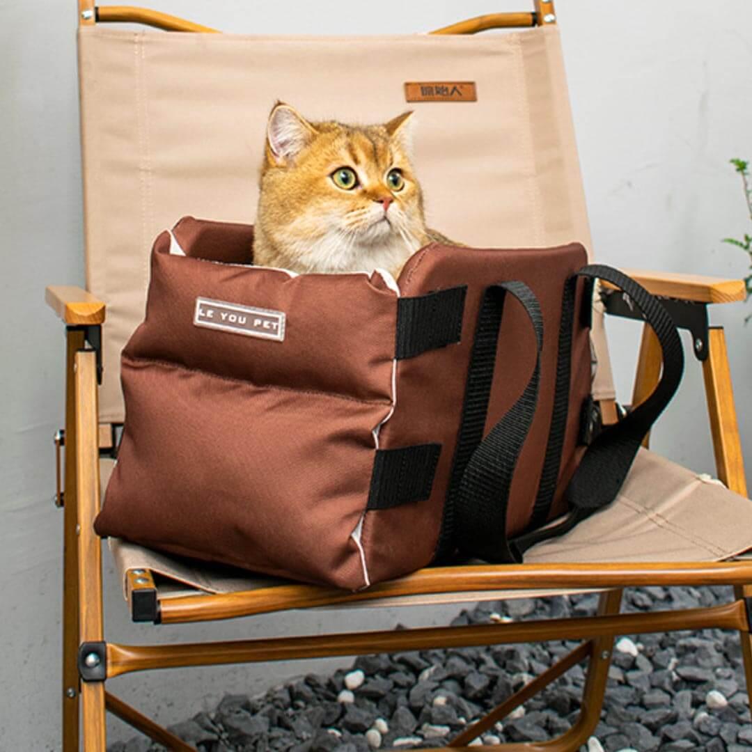 Brown Explorer Cat Car Seat Carrier with Cat Sitting Inside | MissyMoMo