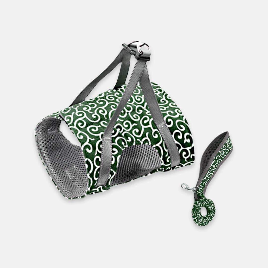 Green Fuku Cat Harness & Leash Set in Seamless Waves Pattern | MissyMoMo